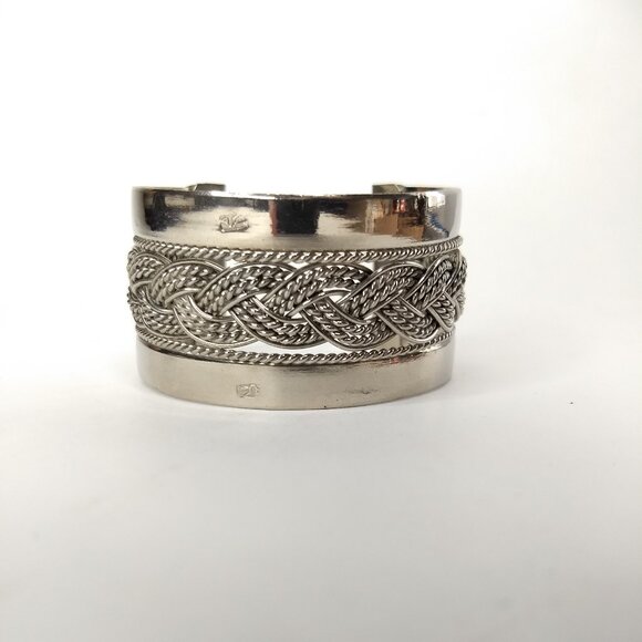 Silver Tone Braided Cuff Bracelet  Preppy Modern Western Stamped Mark Front - Picture 1 of 9